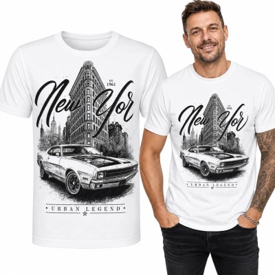 Koszulka męska „New York” z Flatiron Building i klasycznym autem - retro