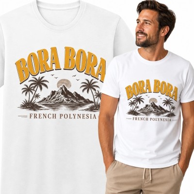Koszulka męska z tropikalnym pejzażem „Bora Bora” - styl retro