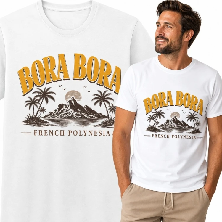 Koszulka męska z tropikalnym pejzażem „Bora Bora” - styl retro