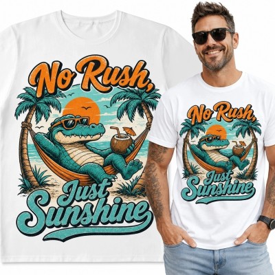 Koszulka męska z krokodylem w hamaku „No Rush, Just Sunshine” - wakacyjny motyw retro
