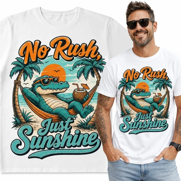 Koszulka męska z krokodylem w hamaku „No Rush, Just Sunshine” - wakacyjny motyw retro