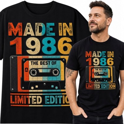 Koszulka męska „Made in 1986” z kasetą retro na 40 urodziny