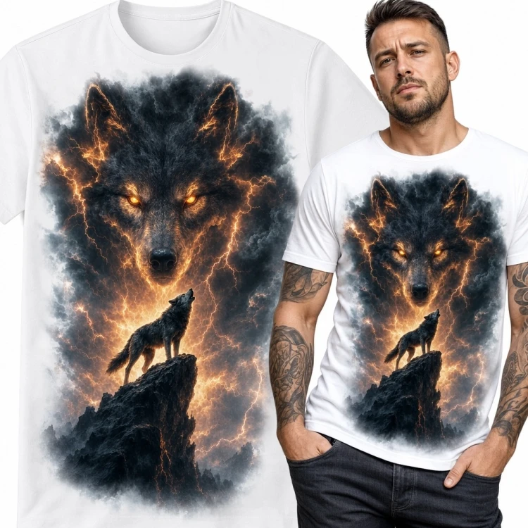 Koszulka męska z wilkami w ognistej burzy - mroczna fantasy