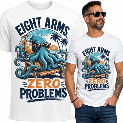 Koszulka męska z ośmiornicą i napisem „Eight Arms Zero Problems” - tropikalny luz