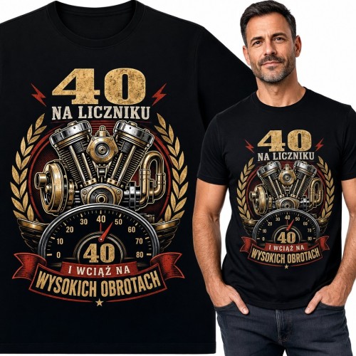 Koszulka męska na 40 urodziny „40 na liczniku” - silnik V-twin