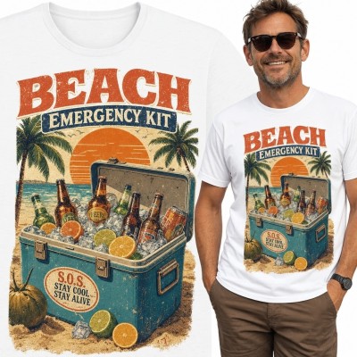 Koszulka męska „Beach Emergency Kit” - retro plaża i lodówka z napojami