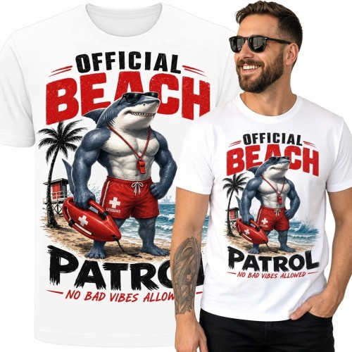 Koszulka męska z rekinem-ratownikiem „Official Beach Patrol” - plażowy humor