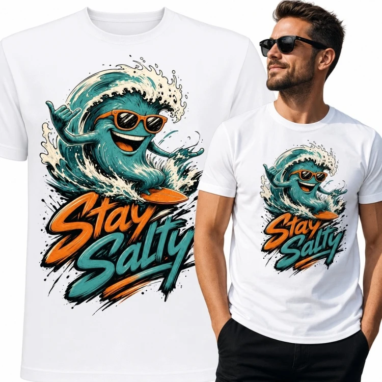 Koszulka męska surfingowa z falą „Stay Salty” - wakacyjny motyw