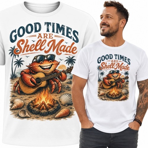 Koszulka męska z krabem grającym na gitarze „Good Times Are Shell Made” - retro plażowy motyw