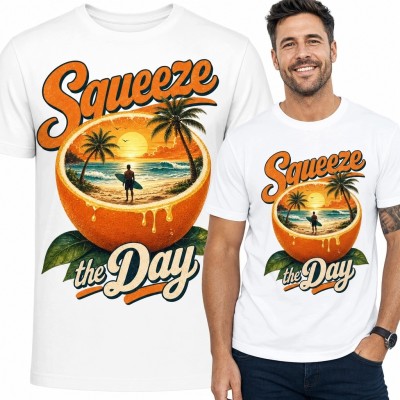 Koszulka męska z plażą w pomarańczy „Squeeze the Day” - tropikalny motyw retro