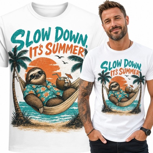 Koszulka męska z leniwcem „Slow Down It's Summer” - wakacyjny nadruk