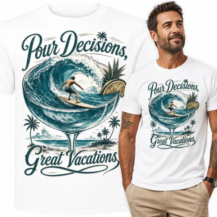 Koszulka męska z surferem w kieliszku „Pour Decisions, Great Vacations” - tropikalny motyw