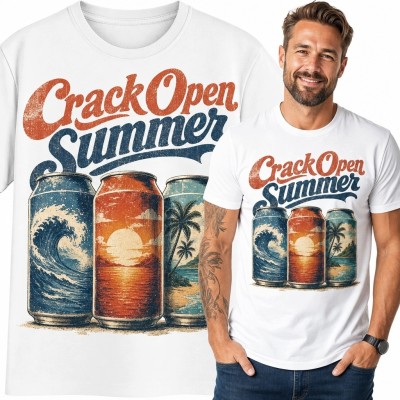 Koszulka męska z wakacyjnym nadrukiem „Crack Open Summer” - puszki, ocean i palmy
