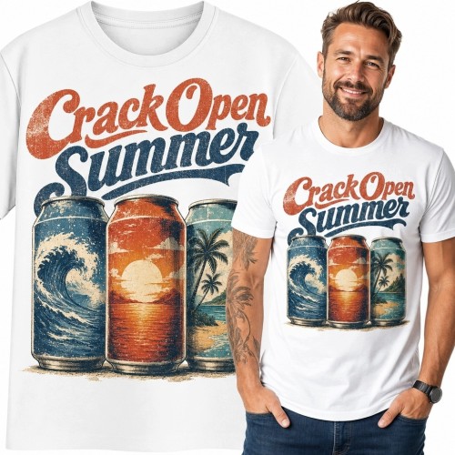 Koszulka męska z wakacyjnym nadrukiem „Crack Open Summer” - puszki, ocean i palmy