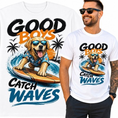 Koszulka męska z surfującym golden retrieverem „Good Boys Catch Waves”