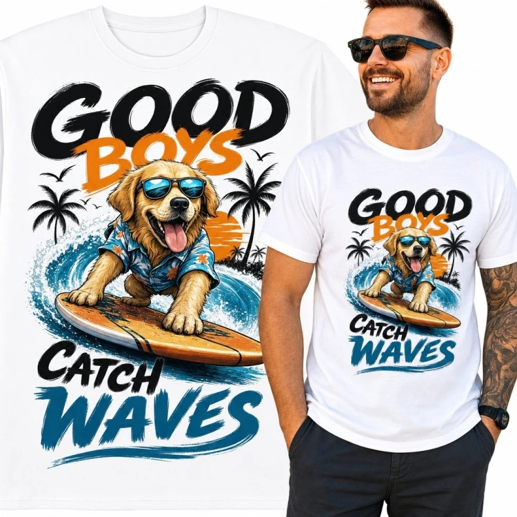 Koszulka męska z surfującym golden retrieverem „Good Boys Catch Waves”