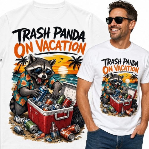Koszulka męska ze szopem „Trash Panda on Vacation” - wakacyjny nadruk