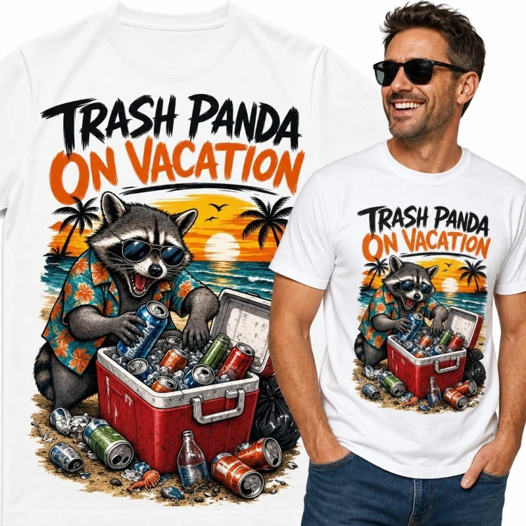 Koszulka męska ze szopem „Trash Panda on Vacation” - wakacyjny nadruk