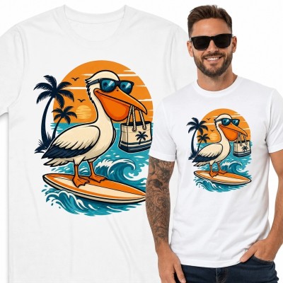 Koszulka męska z pelikanem na desce surfingowej - wakacyjny motyw retro