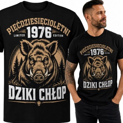 Koszulka męska „Dziki chłop” z dzikiem na 50 urodziny - rocznik 1976
