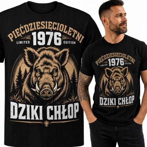 Koszulka męska „Dziki chłop” z dzikiem na 50 urodziny - rocznik 1976