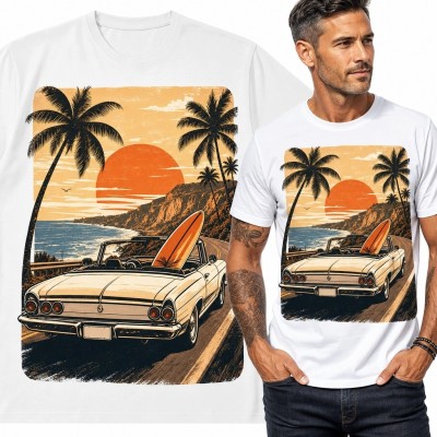 Koszulka męska z kabrioletem i deską surfingową - retro nad oceanem
