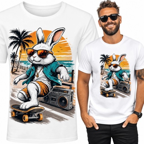 Koszulka męska z królikiem na deskorolce - plażowy motyw retro