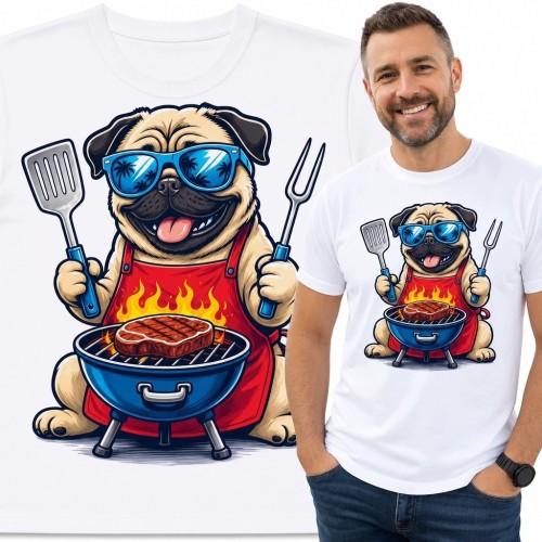 Koszulka męska z mopsem grillującym stek - zabawny motyw barbecue