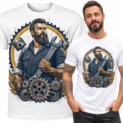 Koszulka męska z brodatym mechanikiem - retro motyw warsztatowy