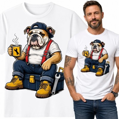 Koszulka męska z buldogiem mechanikiem - humorystyczny motyw warsztatowy