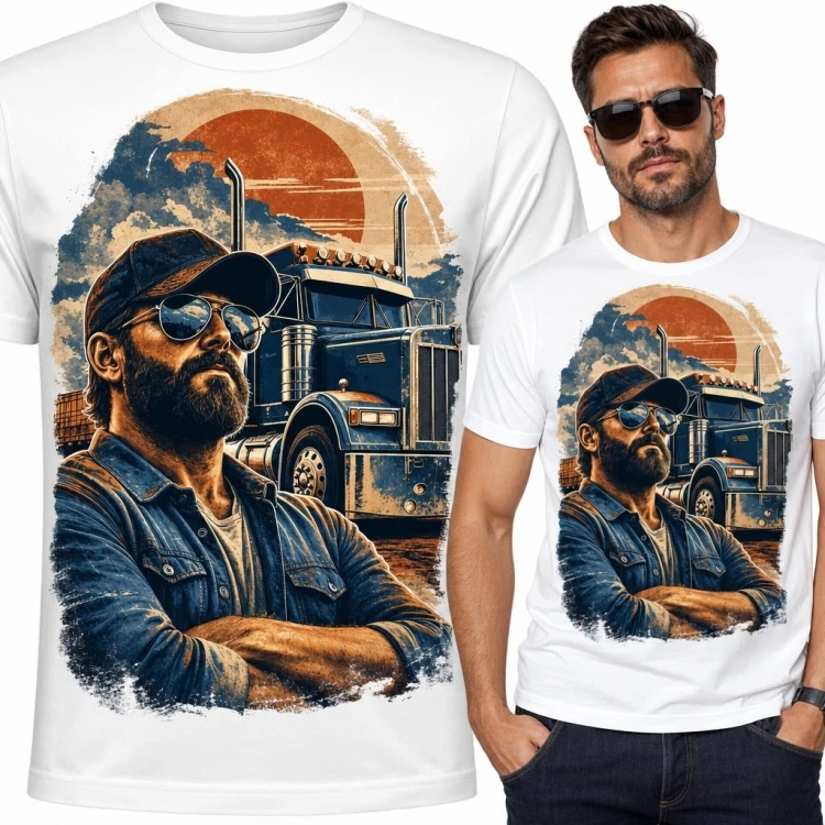 Koszulka męska z truckerem i amerykańską ciężarówką - motyw retro