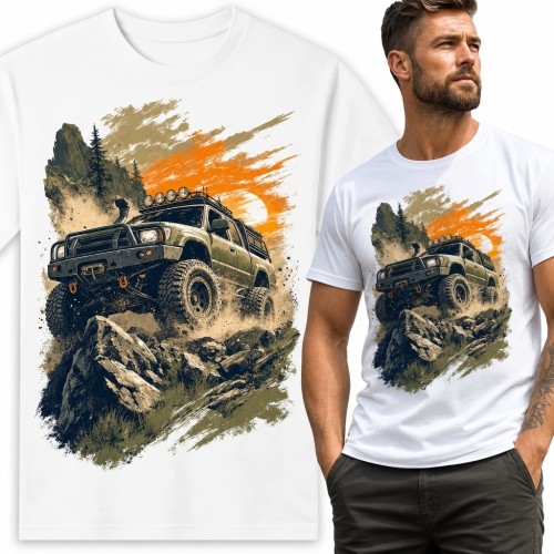 Koszulka męska z terenówką 4x4 na górskim bezdrożu - motyw off-road