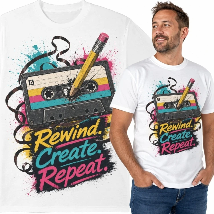 Koszulka męska z kasetą magnetofonową „Rewind. Create. Repeat.” - retro-grunge