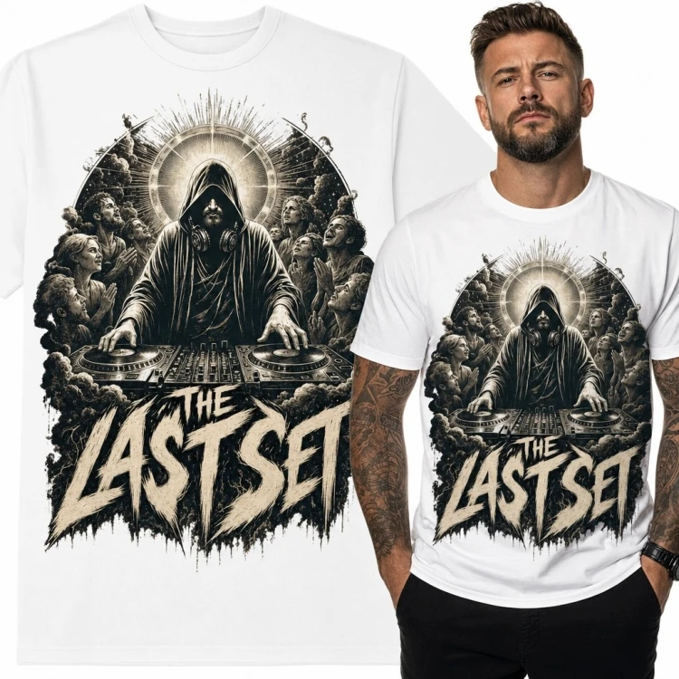 Koszulka męska z DJ-em i napisem „The Last Set” - mroczny motyw koncertowy