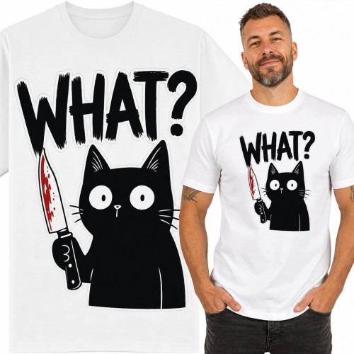 Koszulka męska z czarnym kotem, nożem i napisem „What?” - czarny humor
