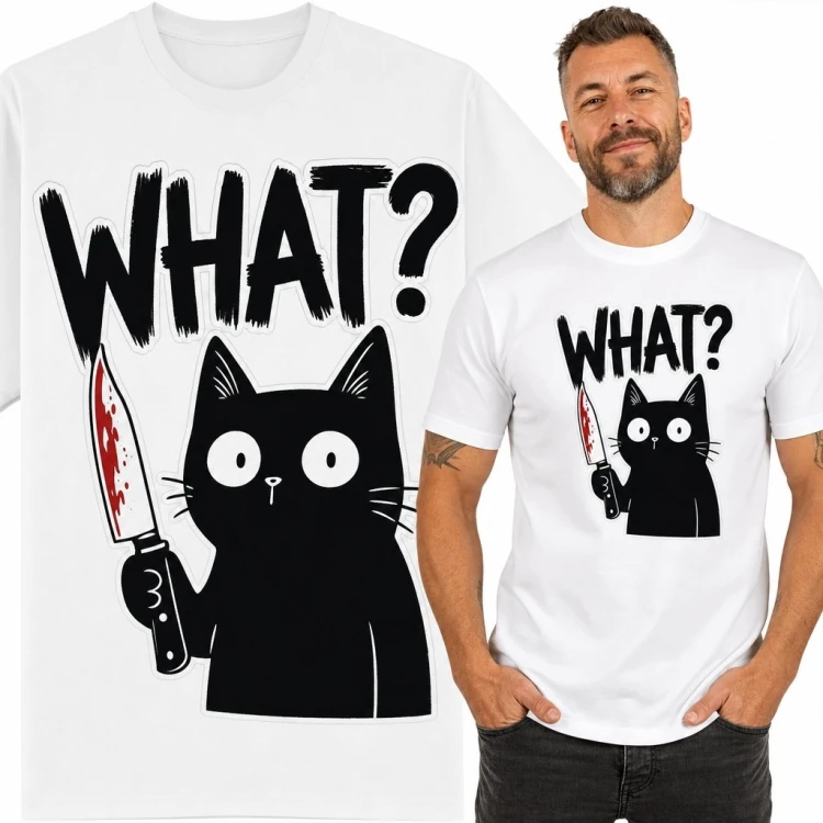 Koszulka męska z czarnym kotem, nożem i napisem „What?” - czarny humor