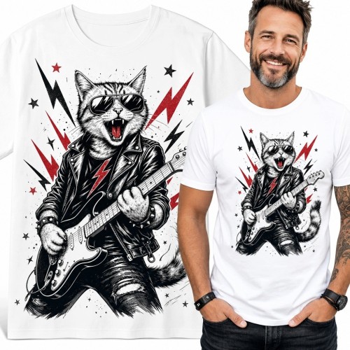 Koszulka męska z rockowym kotem i gitarą elektryczną - komiksowy nadruk