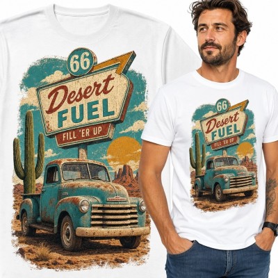 Koszulka męska z pickupem „Desert Fuel” - motyw Route 66 retro