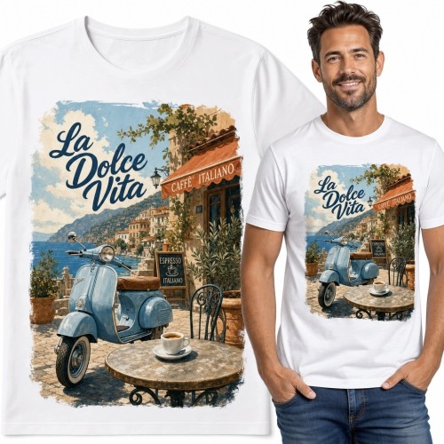 Koszulka męska „La Dolce Vita” - włoska kawiarnia i skuter retro