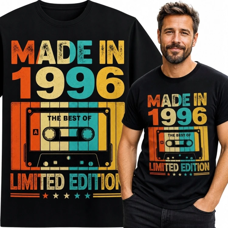 Koszulka męska „Made in 1996” z kasetą retro na 30 urodziny