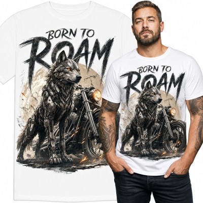 Koszulka męska z motocyklem i cybernetycznym wilkiem „Born to roam”