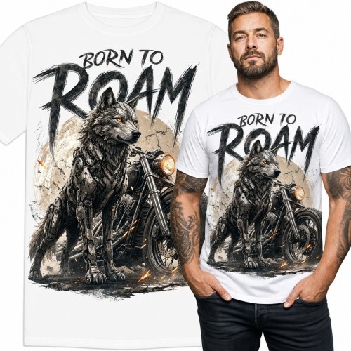 Koszulka męska z motocyklem i cybernetycznym wilkiem „Born to roam”