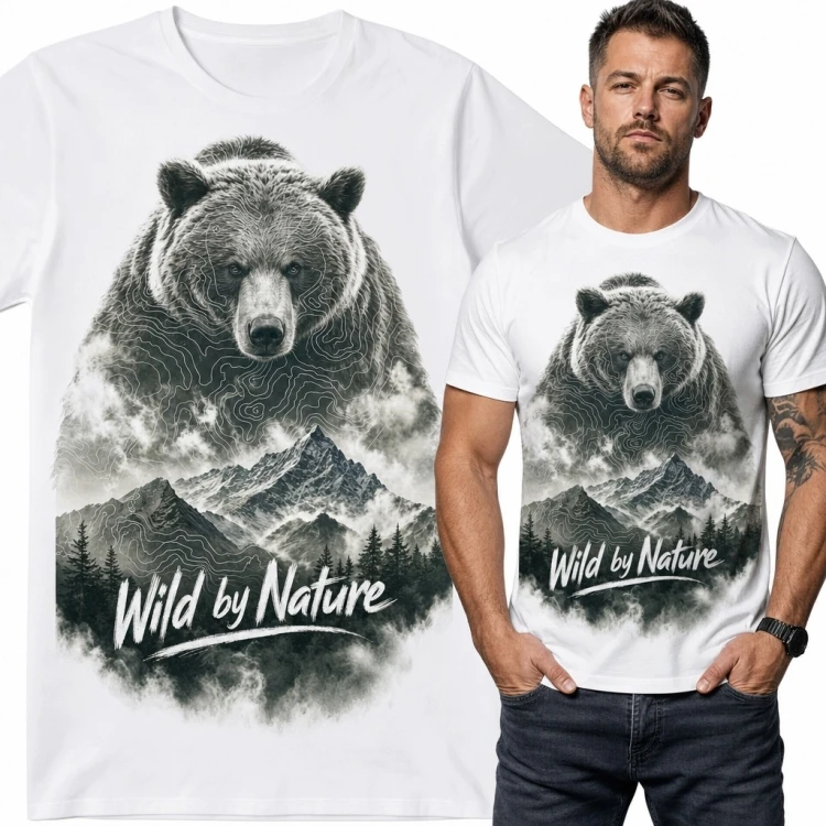 Koszulka męska z niedźwiedziem i górami „Wild by Nature” - motyw dzikiej natury