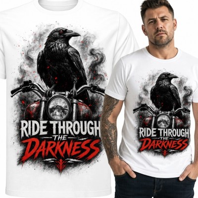 Koszulka męska biała z krukiem na motocyklu „Ride Through the Darkness” - dymne tło