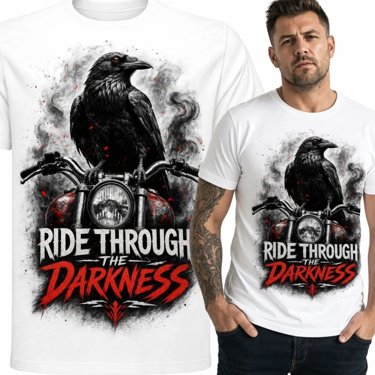Koszulka męska biała z krukiem na motocyklu „Ride Through the Darkness” - dymne tło