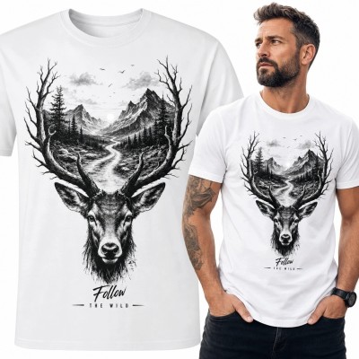 Koszulka męska z jeleniem w górach „Follow the Wild” - motyw dzikiej natury