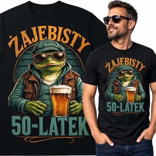 Koszulka męska na 50 urodziny „Zajebisty 50-latek” - żaba z piwem
