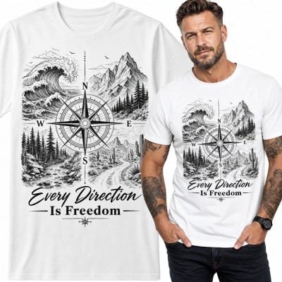Koszulka męska z różą wiatrów „Every Direction Is Freedom” - podróżniczy motyw