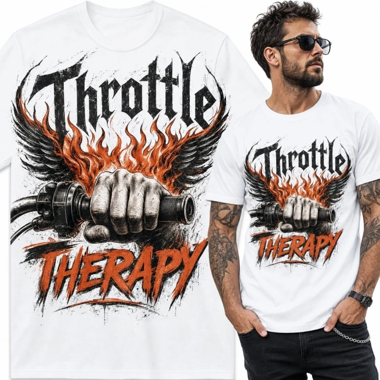 Koszulka męska dla motocyklisty „Throttle Therapy” - płomienie i skrzydła