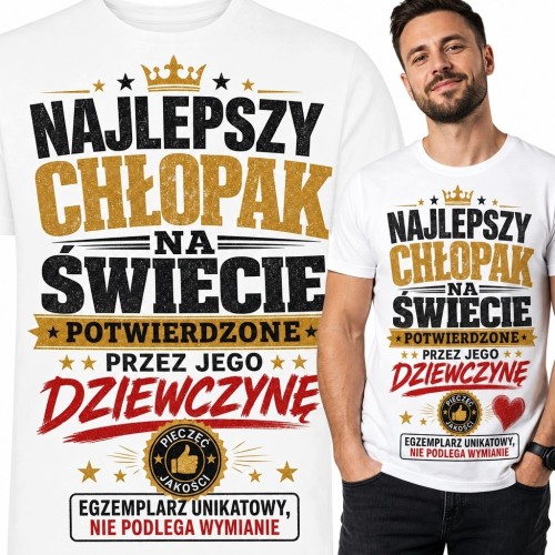 Koszulka męska „Najlepszy chłopak na świecie” - biała z gwiazdami i pieczęcią jakości